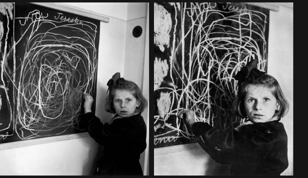 “Teresa, a child in a residence for disturbed children, grew up in a concentration camp. She drew a picture of "home" on the blackboard. 1948.” by David Seymour. LEFT: Magnum Image Reference Image Reference SED1948029W00010/5-109R(PAR192677), RIGHT: Magnum Image Reference SED1948029W00010/X02C (PAR150821). © The Estate of David Seymour.