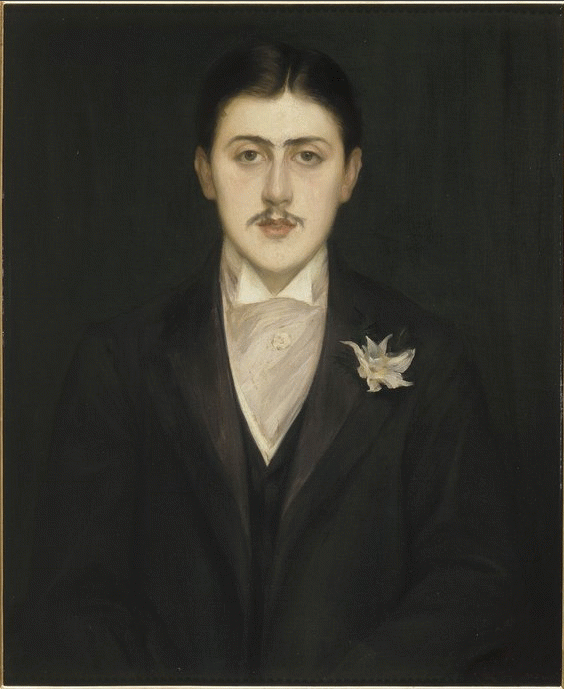A painted portrait of Marcel Proust to accompany the quote “true paradises are paradises we have lost”