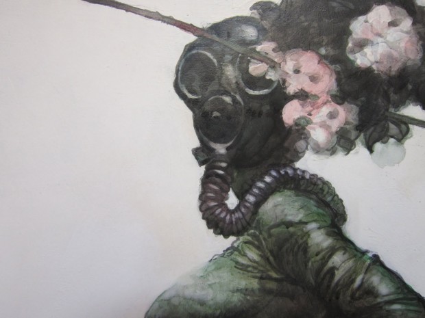 woman with a gas mask, beautiful painting, flowers, apocalypse, gas mask, badass