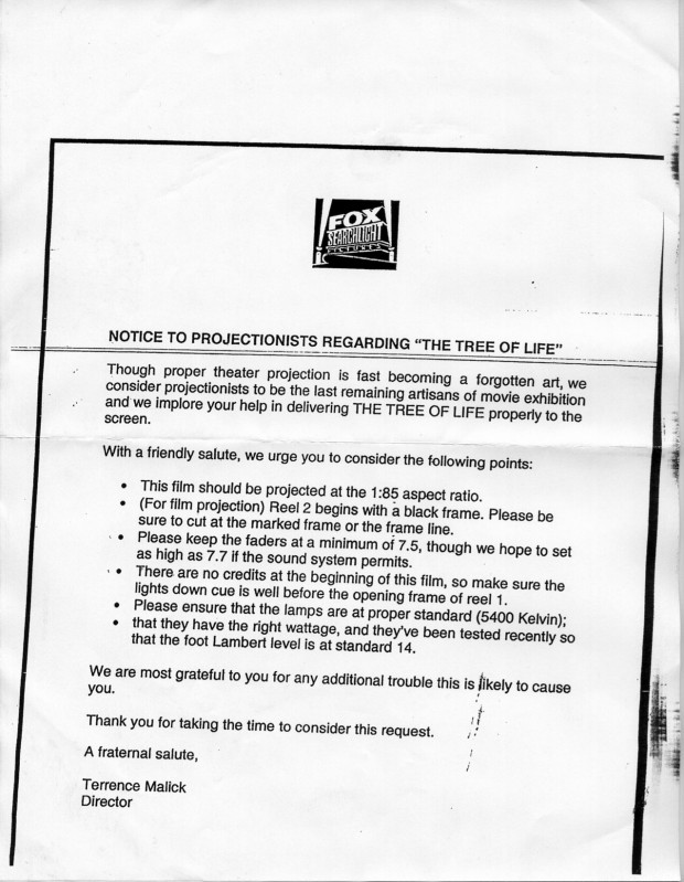 "Notice to projectionists regarding 'The Tree of Life'" by Fox Searchlight Pictures/Terrence Malick, June 2011