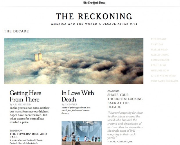 Screen capture of The New York Times special report website for  September 11 and the decade that followed