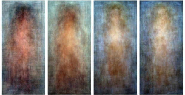 “Every Playboy Centerfold, The Decades (normalized)” by Jason Salavon, Digital C-prints, Ed. 5 + 2 APs. 60" x 29.5", 2002.