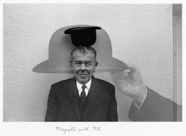 “Magritte with Hat” by Duane Michals, 1965, gelatin silver print with hand applied text, 6 3/4" x 9 7/8". © Duane Michals.
