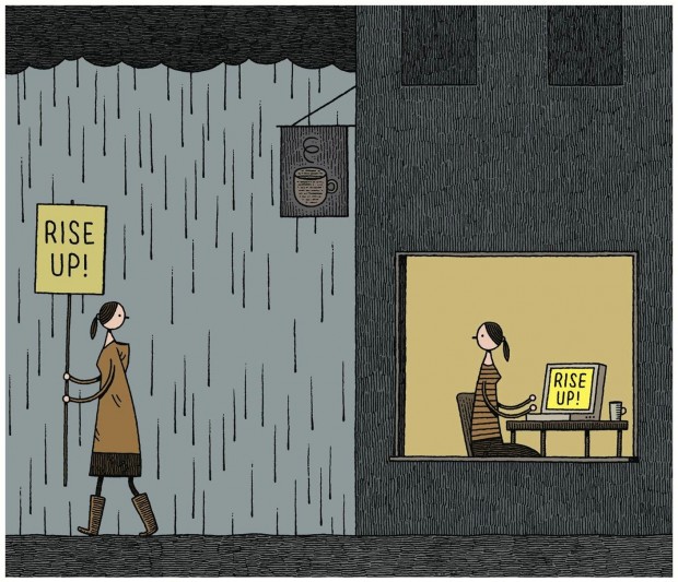“Rise Up!” Illustration about modern protesting for 'The World Today', uploaded on March 22, 2012. © Tom Gauld.