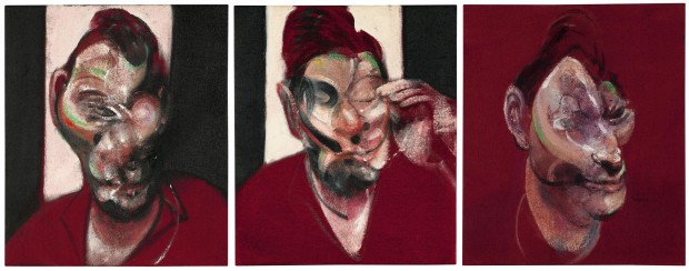“Three Studies For Portrait of Lucian Freud” by Francis Bacon, oil on canvas in three part, each 14" x 11 7/8", 1964 (dated on the reverse).