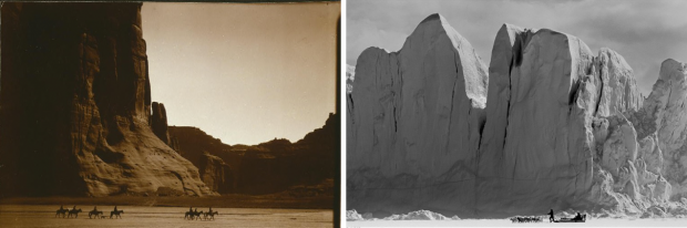 Side-by-side comparison: LEFT: “Canyon de Chelly” (slightly cropped) by Edward S. Curtis, Arizona (USA), c. 1904. Public domain. RIGHT: “Hunters on the Inglefield Fjord” by Ragnar Axelsson, Greenland, 2004. © Ragnar Axelsson. Used with permission. 