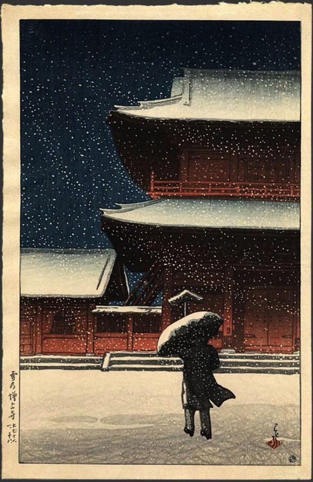 “Zojoji in Snow” by Kawase Hasui, woodcut print, 14 5/8 x 9 5/8 in., 1922. Part of the  second Souvenirs of Travel (Tabi miyage dai ni shu) series. Image retrieved from The Japanese Art Open Database. Click for a larger view.