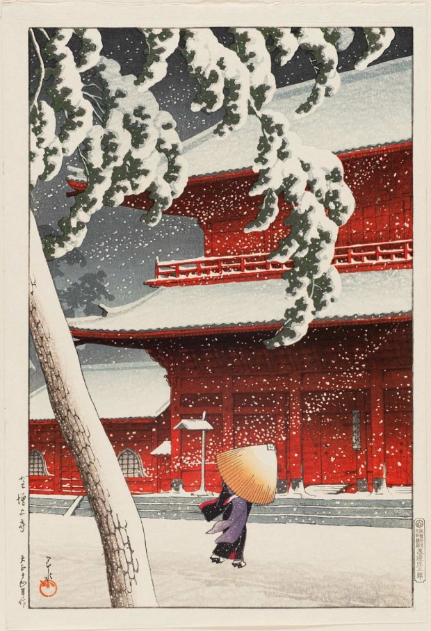 “Snow at Zojoji Temple, Shiba” (“Shiba (No) Zojo-ji”) by Kawase Hasui, woodcut print, 14 1/4 x 9 1/2 in., 1925. Part of the Twenty Scenes of Tokyo series. Image retrieved from The Metropolitan Museum of Fine Art. Click for a larger view.