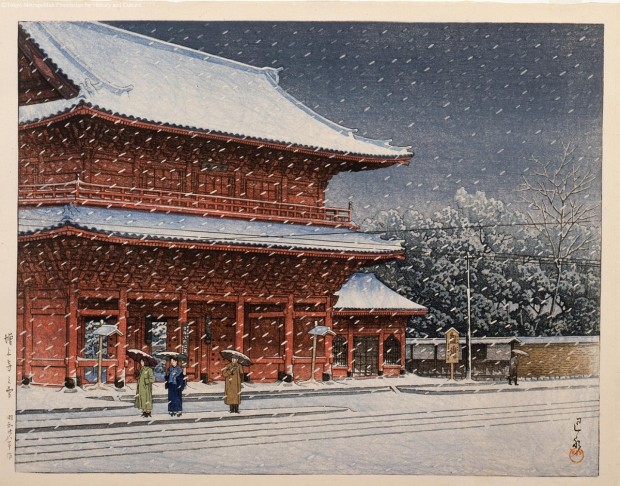 “Snow at Zojoji temple” by Kawase Hasui, woodcut print, appr. 36cm x 47cm, 1953 © Tokyo Metropolitan Foundation for History and Culture