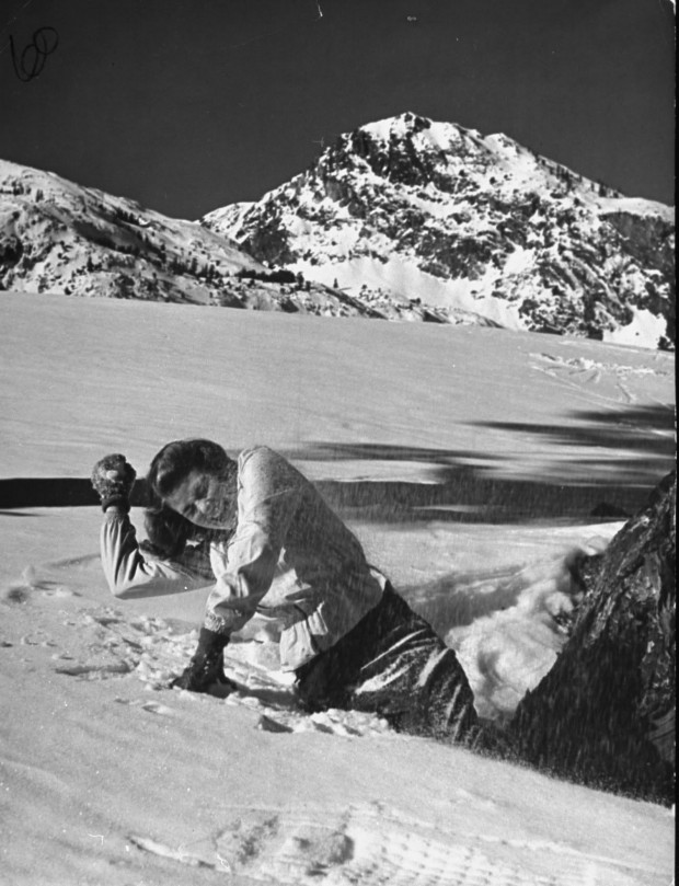 Ingrid Bergman received a snowball during a holiday break. Photo by Bob Landry for LIFE magazine, February 24, 1941, p. 46. © Time Life Pictures/Getty Images.