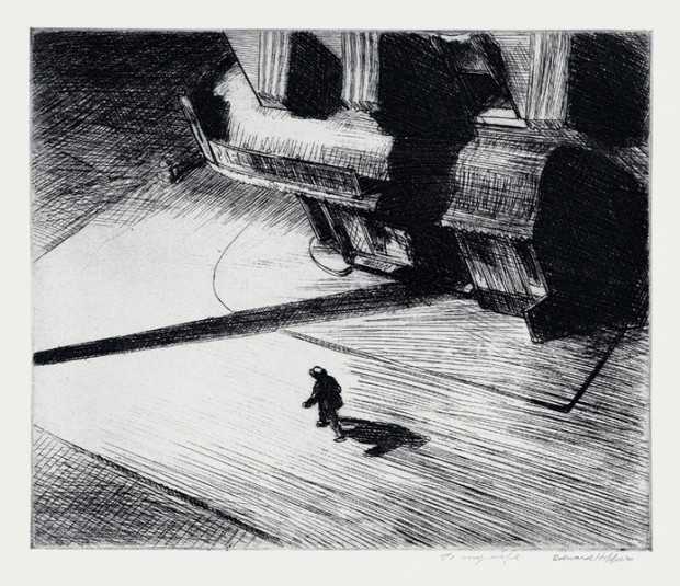 Edward Hopper, “Night Shadows”, etching: plate, 6 7/8 × 8 1/4 in. (17.5 × 21 cm); sheet, 13 5/16 × 14 1/2 in. (33.8 × 36.8 cm), 1921. Josephine N. Hopper Bequest,  no. 70.1048. © Heirs of Josephine N. Hopper.