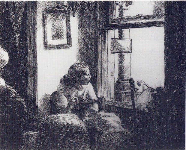 “East Side Interior” by Edward Hopper, etching, 20 cm x 24.9 cm, 1922. Retrieved from Wikipaintings.org