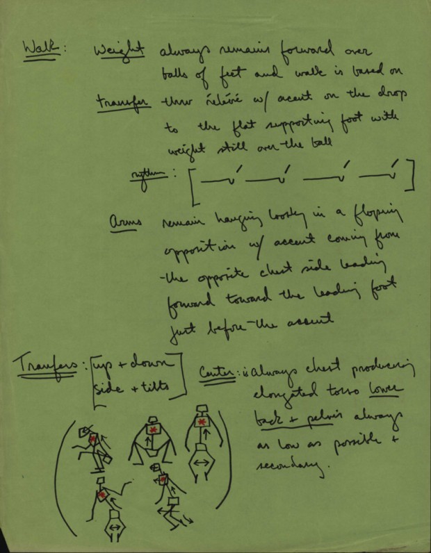 Hand-written production notes by Stanley Kubrick for 2001: A Space Odyssey about the movement of the Australopithecus characters.