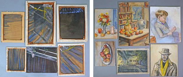 Back (left) and front (right) views of six pieces of discarded painting(s) by Francis Bacon. British artist  Lewis Todd painted on the unused side of the canvas. Images: BBC