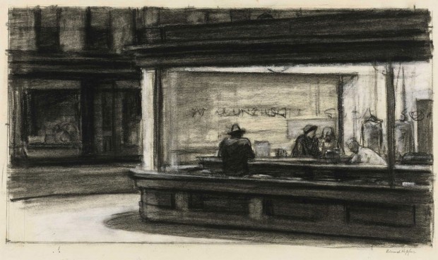  “Study for Nighthawks” by Edward Hopper, 1941 or 1942, fabricated chalk and charcoal on paper, 11 1/8 × 15 in. (28.3 × 38.1 cm). Whitney Museum of American Art, New York; purchase and gift of Josephine N. Hopper by exchange. Ref. no. 2011.65