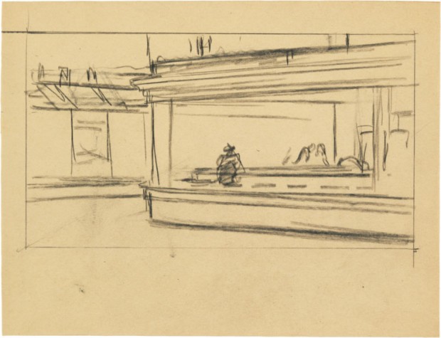 Study for ‘Nighthawks’ by Edward Hopper, 1941 or 1942, fabricated chalk on paper, 8 1/2 x 11 in., Whitney Museum of American Art, New York; Josephine N. Hopper Bequest 70.193