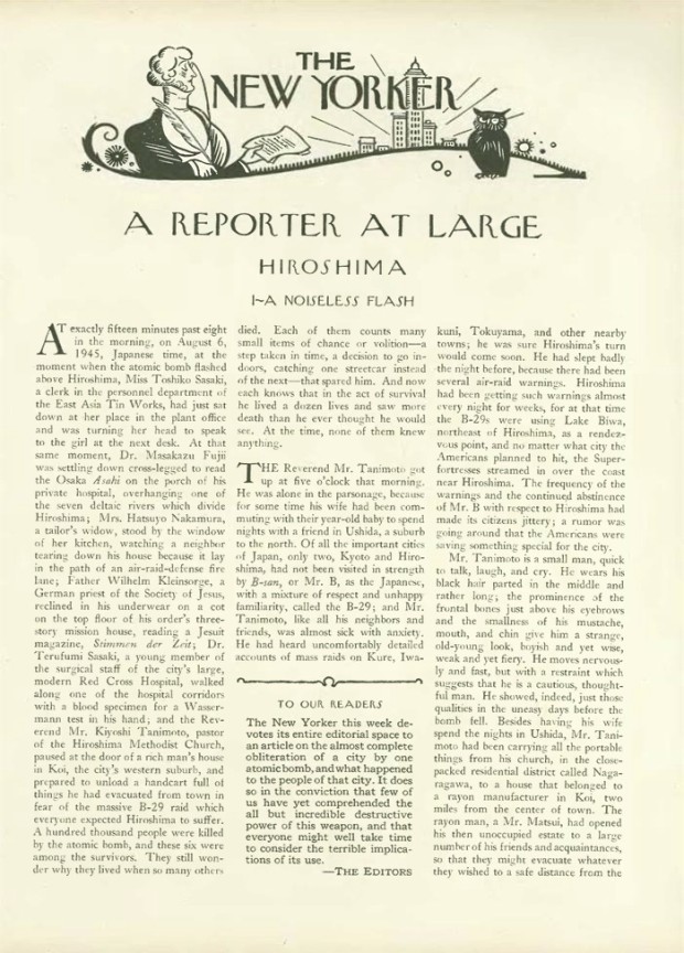 Original publication of John Hersey’s essay “Hiroshima” in The New Yorker, August 31, 1946, p. 15