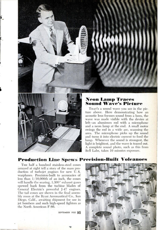 “Neon Lamp Traces Sound Wave’s Picture”, Popular Science, September 1950, p. 145. Most likely in the public domain.