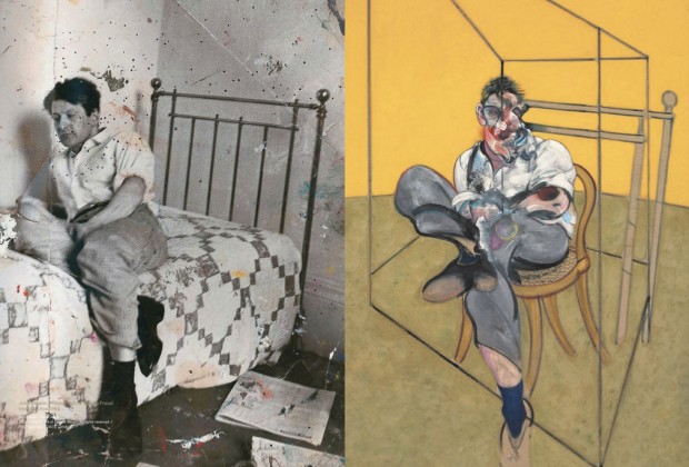 LEFT: Photograph of Lucian Freud (detail) by John Deakin, circa 1964. © The Estate of Francis Bacon; RIGHT: “Three Studies of Lucian Freud” (detail) by Francis Bacon, 1969. Image retrieved from Christie’s e-Catalogue, pp. 150-151.