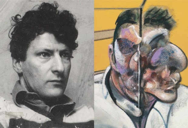LEFT: Working document retrieved from Bacon’s studio showing Lucian Freud photographed by Daniel Earson, 1963; RIGHT: “Three Studies of Lucian Freud” (detail) by Francis Bacon, 1969. Image retrieved from Christie’s e-Catalogue, pp. 158-159.