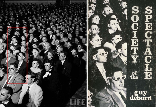 LEFT: J.R. Eyerman original photo from 1952 with indication of cropped section; LEFT Cover of the English edition of Society of Spectacle from 1983.