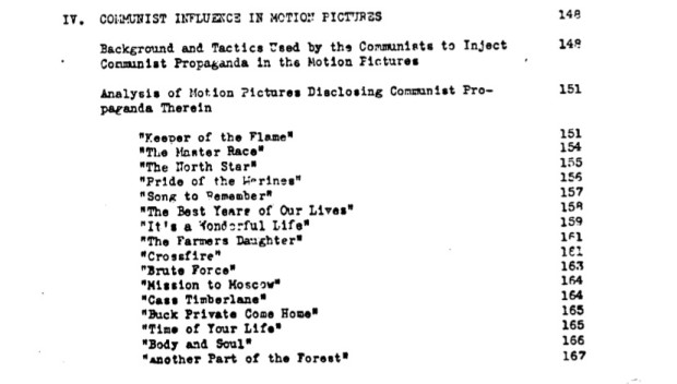 Federal Bureau of Investigation file no. 100-HQ-138754 “Communist Infiltration of the Motion Picture Industry” (COMPIC), Part 7 (of 15), Serial 251x1, detail from index of section IV (page 9 of the document compic7a.pdf).