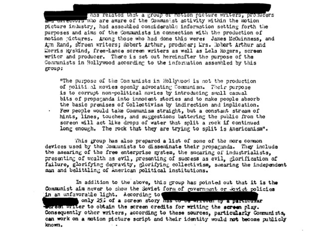 Federal Bureau of Investigation file no. 100-HQ-138754 “Communist Infiltration of the Motion Picture Industry” (COMPIC), Part 7 (of 15), Serial 251x1, detail from page 150 mentioning Ayn Rand  (page 57 of the document compic7b.pdf).