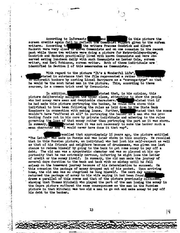 Federal Bureau of Investigation file no. 100-HQ-138754 “Communist Infiltration of the Motion Picture Industry” (COMPIC),  Part 9 of 15, Serial 1003 (part 2), page 13 (page 14 of the document compic9a.pdf).