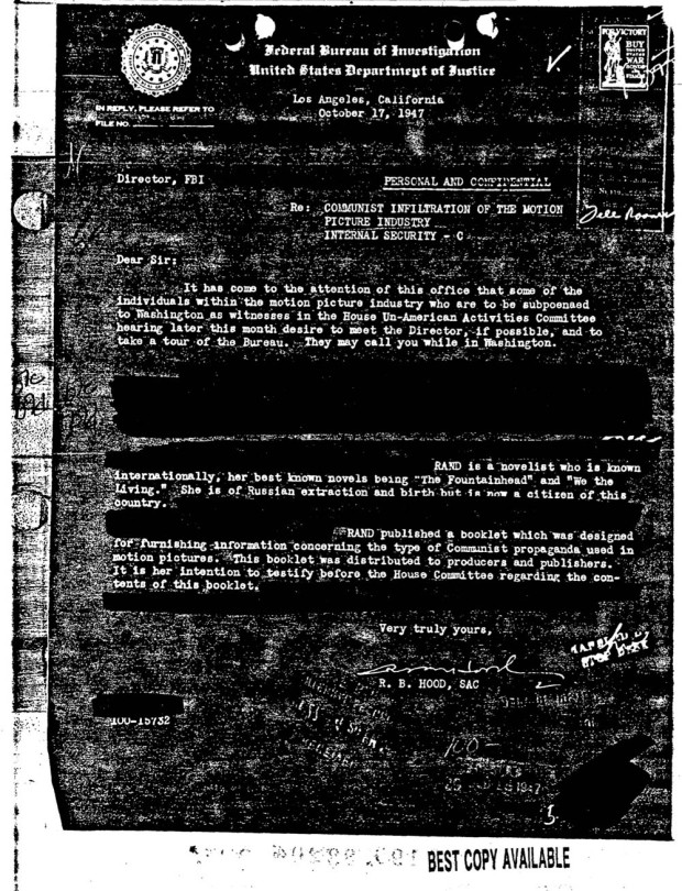 FBI memo regarding a booklet published by Ayn Rand on the subject of Communism and motion pictures. Retrieved from PaperlessArchives.com