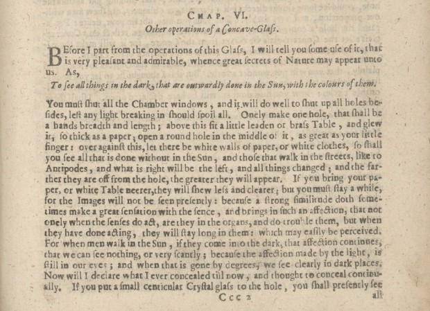 Description of a camera obscura in ‘Natural magick’ by Giambattista della Porta, London, Printed for T. Young and S. Speed, 1658, Book XVII, Chapter VI, p. 363. Retrieved from the Library of Congress.