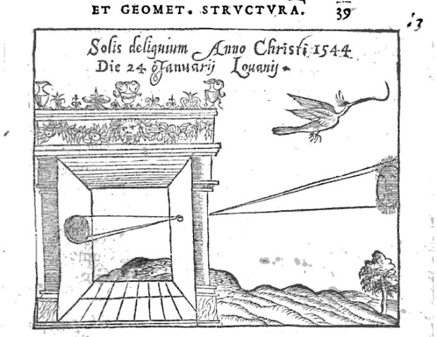One of the first drawings of a camera obscura in ‘De Radio Astronomica et Geometrica’ by Rainer Gemma Frisiu, first published in 1545. Retrieved from Google Books.