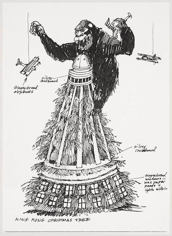 Retrieved from the Canadian Centre for Architecture Collection: James Wines, hand drawing of a King Kong figure atop a Christmas tree. Invitation sent to Gordon Matta-Clark to attend SITE’s Christmas party, 60 Greene Street, New York City, December 28, 1976. 35.4 x 21.6 cm. CCA Collection. PHCON2002:0016:004:085. Gift of Estate of Gordon Matta-Clark © SITE