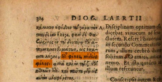 ‘Lives of Eminent Philosophers’ by Diogenes Laertius, Excvd. Henr. Steph., Genevae, 1594, p. 314 (emphasis on detail)