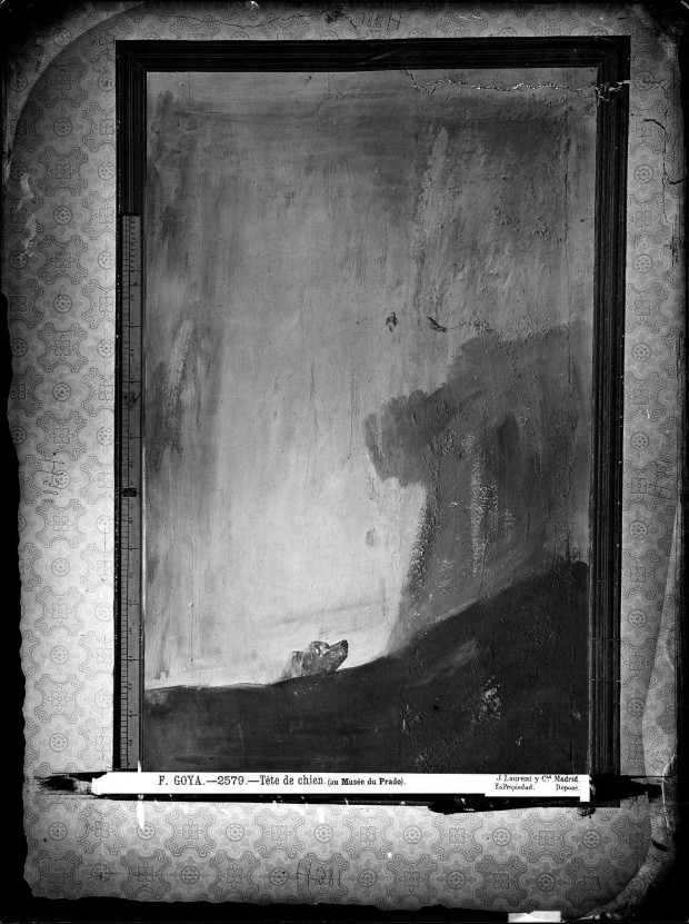 Black-and-white photo of Goya’s painting “Perro semihundido” taken by J. Laurent while the painting was still on the wall inside Goya’s house, sometime between 1863 and 1874. Retrieved from Wikimedia Commons.