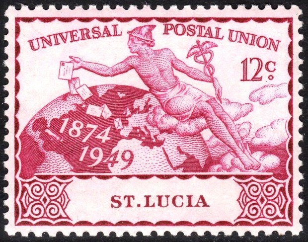 Mercury, the Roman adaptation of Hermes, is seen spreading letters on this St. Lucia stamp from  1949. Retrieved from Wikimedia commons.