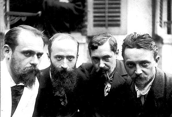 From left to right: Ker-Xavier Roussel (1867-1944), Edouard Vuillard (1868-1940), Romain Coolus (1868-1952), Felix Vallotton (1865-1925), unknown photographer, 1899. Image retrieved from Wikimedia Commons.