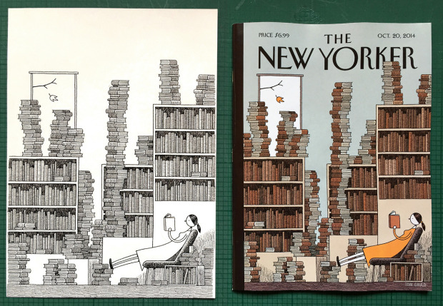 Original drawing and final cover illustration: “Fall Library” by Tom Gauld, The New Yorker, October 20, 2014.