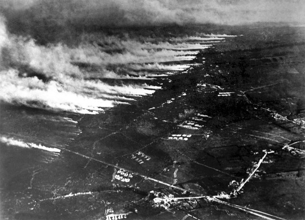 “French soldiers make a gas and flame attack on German trenches in Flanders, Belgium, on January 1, 1917. Both sides used different gases as weapons during the war, both asphyxiants and irritants, often to devastating effect. (National Archives)” Retrieved from The Attlantic: “World War I in Photos: The Western Front, Part I” by Alan Taylor, May 4th, 2014.
