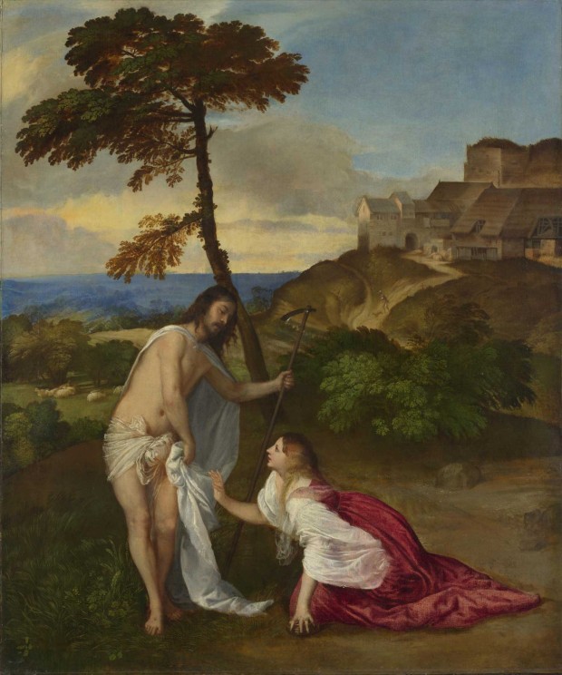 “Noli me Tangere”, Titian, circa 1514, oil on canvas, 110.5 x 91.9 cm, Bequeathed by Samuel Rogers, 1856. Retrieved from The National Gallery: inventory no. NG270.