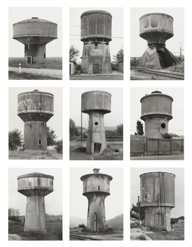 Water Towers by Bernd and Hilla Becher, gelatin silver prints, 67 11/16 x 55 1/8" (172 x 140cm). Retrieved from MoMA. Gift of Werner and Elaine Dannheisser.