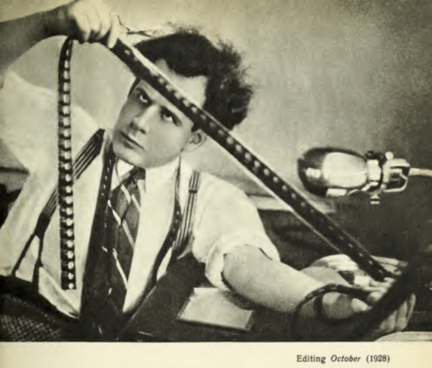 Sergei Eisenstein editing his film ‘October’ in 1928. Photo reproduced in Eisenstein’s book ‘Notes of a film director’ (1959, p. 81).